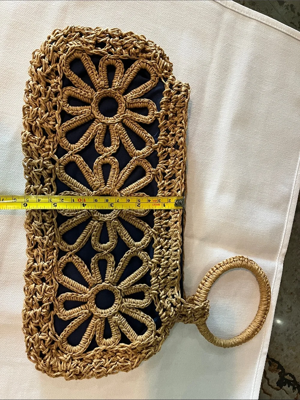 Mud Pie Woven Straw Daisy Cutout Wristlet Clutch in Natural Blue lining Summer
